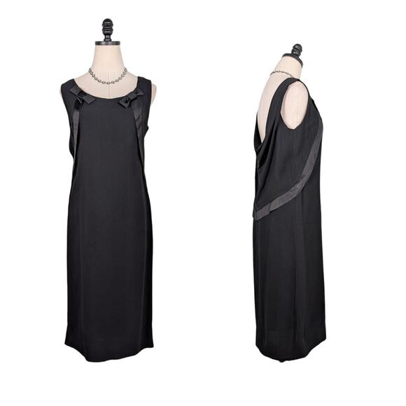 Vintage 50s Cocktail Dress S M Black Midi Sheath Bow Shift Drapes Evening Party - Picture 1 of 9